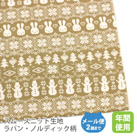 スムースニット生地102cm巾／ラパン・ノルディック柄（オフホワイト地）【 冬ツリー綿布コットン日本製国産ハンドメイド商用利用可オリジナル商品ジャージ冬うさぎ 雪だるまクリスマス スノー】