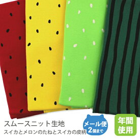 スムースニット生地105cm巾／スイカとメロンのたねとスイカの皮柄【すいか 果物 コットン 布 綿 国産 日本製 夏 子供 服 キッズ ベビ 皮 赤 黄色 グリーン なりきり イベント ハンドメイド 商用利用可 当店のみオリジナル商品 ジャージ】