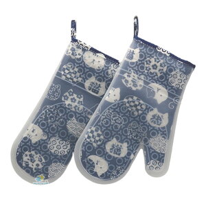 耐熱ミトン 両手セット オーブンミトン シリコン 二重層 300℃対応 厚手 防水 すべり止め 左右兼用 かわいい猫柄 ネイビー|キッチン・オーブン・BBQ・キャンプ