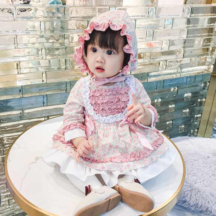 花柄刺繍長袖ロンパース 韓国子供服 女の子 秋 かわいい ドレス ワンピース