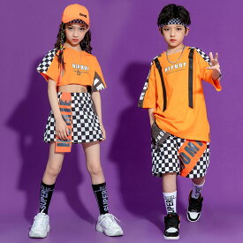 【送料無料】キッズ ダンス ダンス衣装 セットアップ 男の子 ガールズ ヒップホップ かっこいい キッズダンス 男女兼用 トップス 上下 韓国風 ストリート 上下 演出服 キッズ キッズダンス衣装 ジュニア ロングパンツ　女の子　チェック柄 母の日