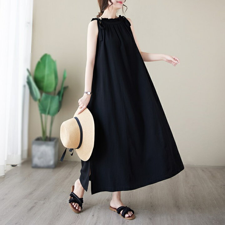 楽天市場】肩紐リボン ワンピース ロング ノースリーブ ワンピース 黒  