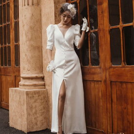 ウェディングドレス 白 ウェディングドレス 大きいサイズ 3L 4L ウェディングドレス 袖あり 五分袖 スリット シンプル セクシー