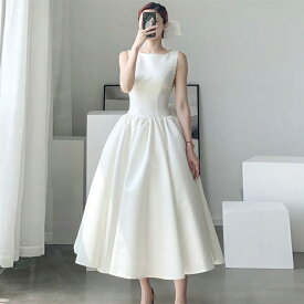 ウェディングドレス 白 ウェディングドレス 大きいサイズ 3L 4L ウェディングドレス ミモレ丈 ノースリーブ シンプル 二次会 バックオープン バックリボン