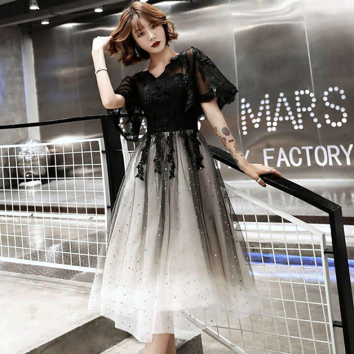 楽天市場】パーティードレス 袖あり 半袖 黒 ドレス 総レース  