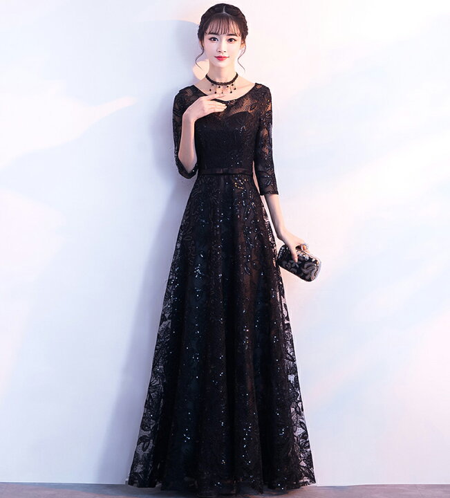 楽天市場】パーティードレス ロング 袖あり 7分袖 レース 刺繍  