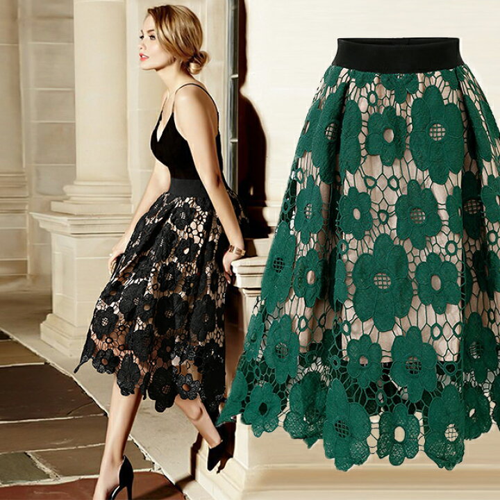 楽天市場】総レース フレアスカート ハイウエスト 膝下丈 ミモレ丈 花  