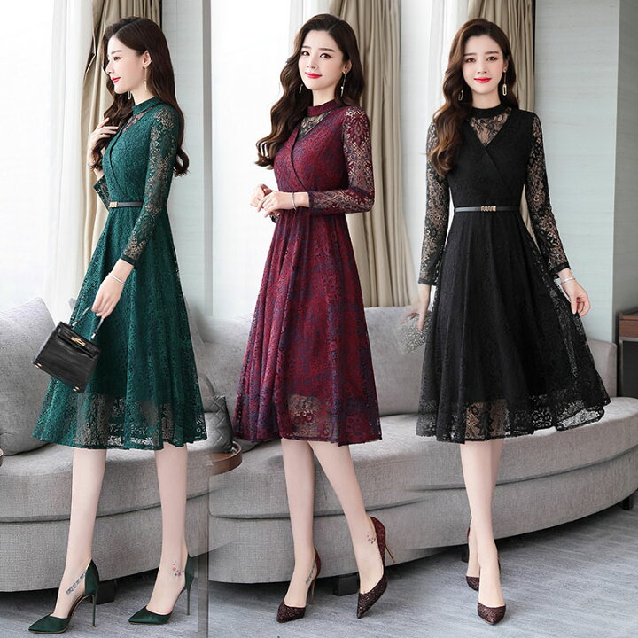 楽天市場 総レース パーティードレス 黒 ドレス ワンピース 袖あり 長袖 大きいサイズ 3l 代 30代 40代 カシュクール 膝下丈 ミモレ丈 スタンドカラー Aライン フォーマル 二次会 結婚式 お呼ばれ 韓国 ハイネック 花柄 シースルー ｌｅａｐ