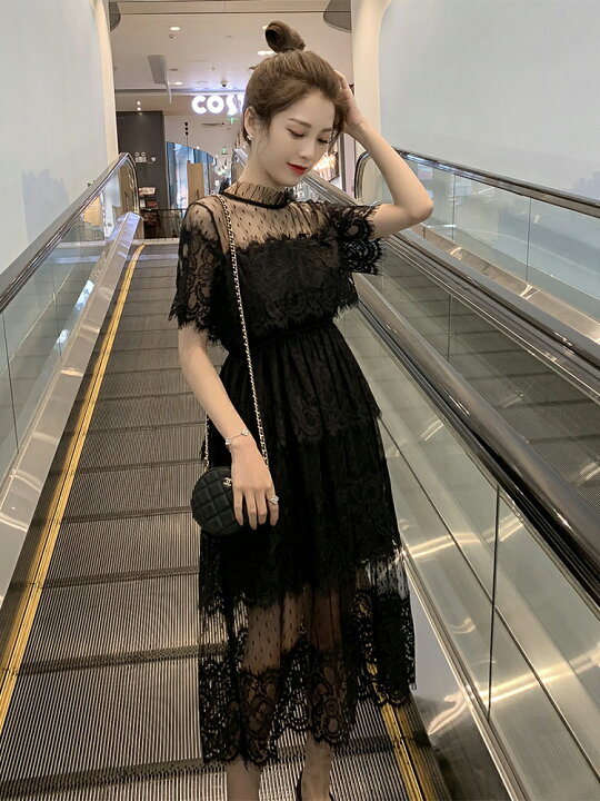 楽天市場 パーティードレス 総レース シースルー ドレス ワンピース 結婚式 お呼ばれ 大きいサイズ 袖あり 半袖 ミモレ丈 Aライン スタンドカラー フォーマル 韓国 黒 セクシー 代 30代 ｌｅａｐ