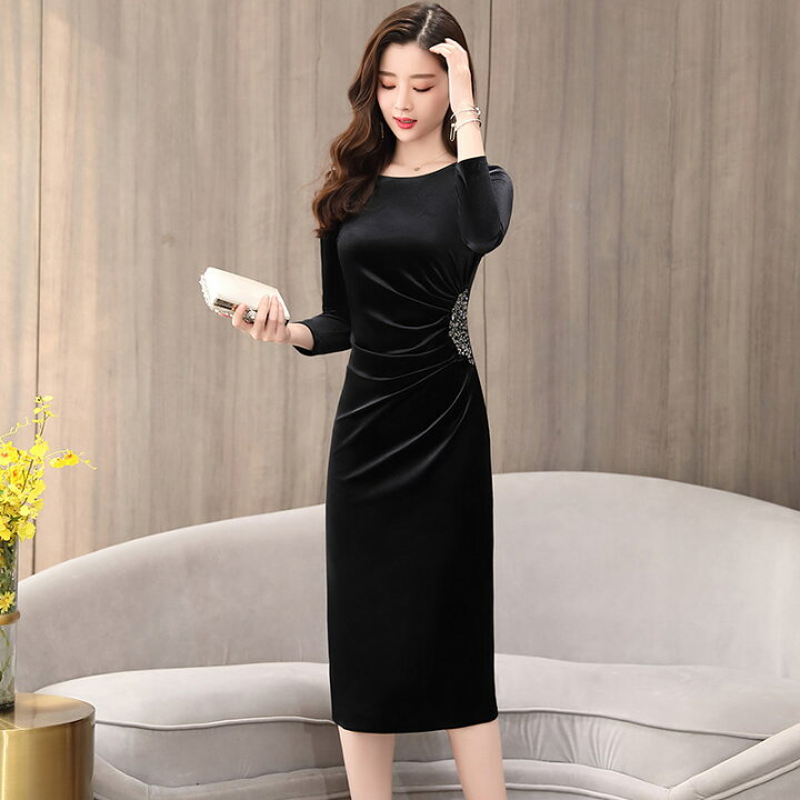 楽天市場 パーティードレス ミディ丈 ベロア ワンピース タイト 結婚式 お呼ばれ ドレス 大きいサイズ 3l 4l 袖あり 七分袖 ラウンドネック ひざ下丈 エレガント フォーマル 韓国 ファッション 代 30代 40代 ｌｅａｐ