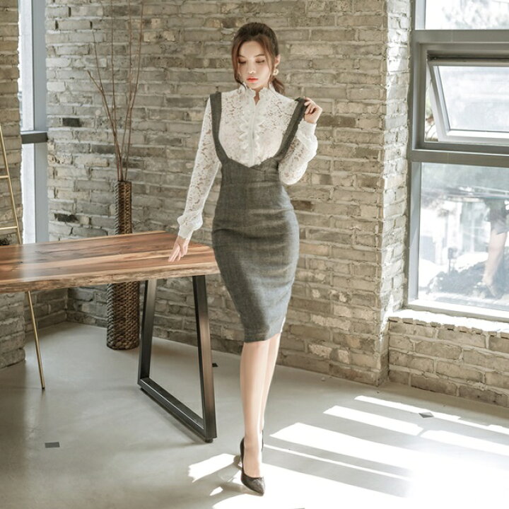 楽天市場 セットアップ レディース サロペット スカート ジャンパースカート タイト ブラウス レース スタンドカラー ツーピース ひざ丈 長袖 大きいサイズ レトロ クラシカル 春 秋 大人 きれいめ カジュアル デート服 ｌｅａｐ