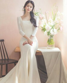 ウエディングドレス マーメイドライン 大きいサイズ 小さいサイズ 二次会 花嫁 結婚式 ロング 袖あり 七分袖 スレンダーライン スクエアネック シンプル クラシカル