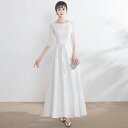 【一部即納】ウエディングドレス 花柄 レース 白 ロングドレス ミディアム ドレス 結婚式 二次会 花嫁 袖あり シアー袖 五分袖 ウエストマーク ウエストリボン 大きいサイズ 2L 3L 4L 小さいサイズ Aライン ホワイト 20代 30代 40代 50代 シンプル 可愛い 人気