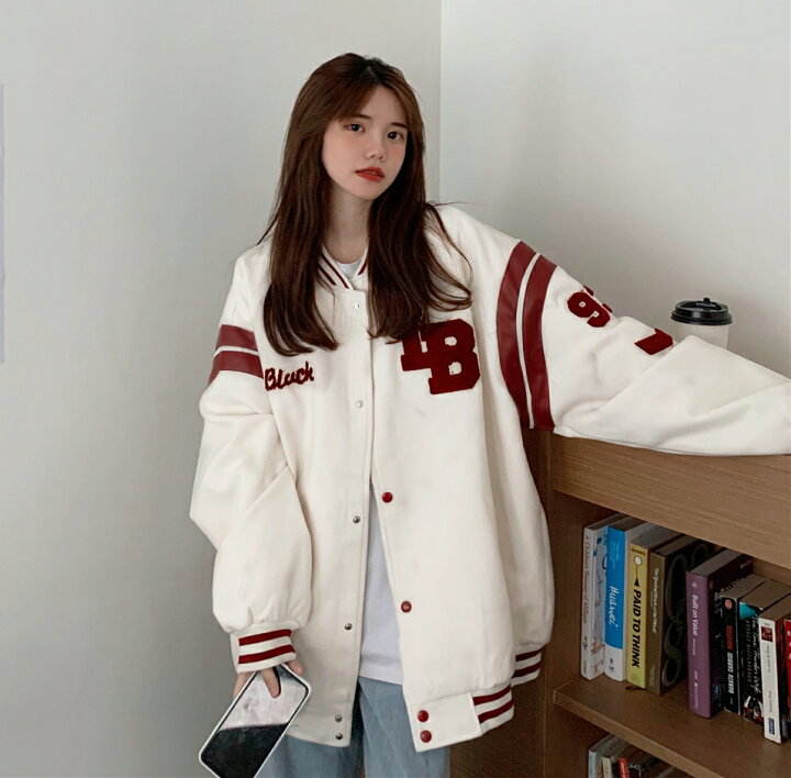 楽天市場 スタジャン スタジアムジャンパー ブルゾン レディース アウター 秋 冬 オーバーサイズ ビッグシルエット ジャンパー 大きいサイズ 白 黒 ロゴ ライン カジュアル ストリート 韓国 ファッション ｌｅａｐ