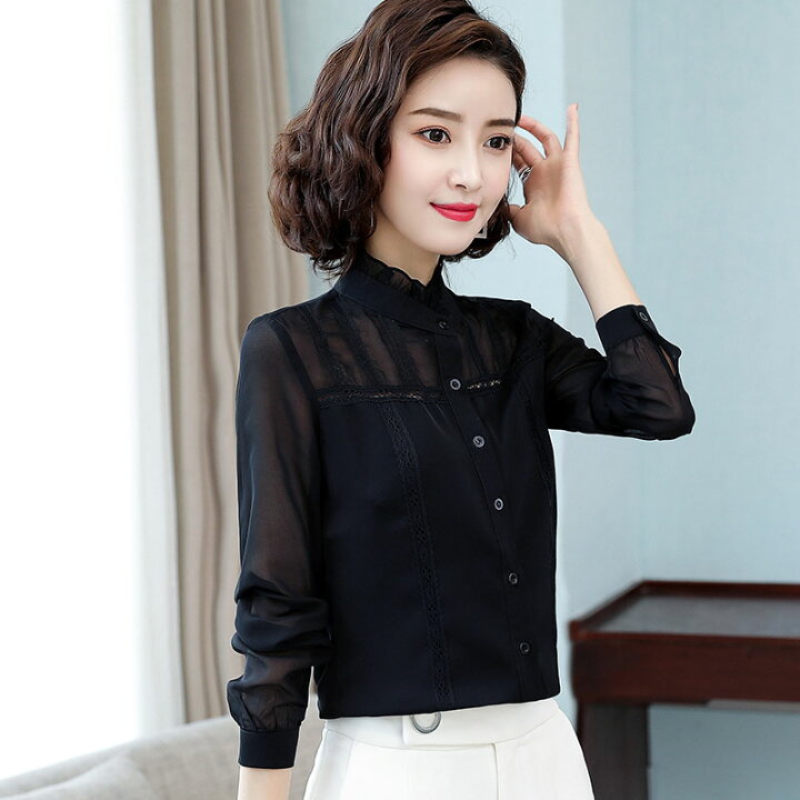 楽天市場 シースルー シアー トップス ブラウス 黒 レディース 長袖 スタンドカラーシャツ フリル襟 大きいサイズ 3l 4l 5l 透け感 肌見せ 立ち襟ブラウス 通勤服 オフィス 女性 代 30代 40代 シンプル 上品 きれいめ ｌｅａｐ