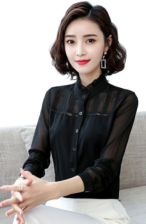 楽天市場 シースルー シアー トップス ブラウス 黒 レディース 長袖 スタンドカラーシャツ フリル襟 大きいサイズ 3l 4l 5l 透け感 肌見せ 立ち襟ブラウス 通勤服 オフィス 女性 代 30代 40代 シンプル 上品 きれいめ ｌｅａｐ