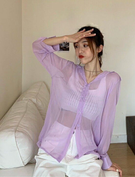 楽天市場 シースルー トップス 長袖 レディース シアー 襟付き シャツ ブラウス 白 黒 羽織り 春 夏 秋 韓国 ファッション デート服 セクシー 透け感 肌見せ シンプル カジュアル ｌｅａｐ