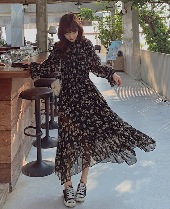 楽天市場 花柄 ワンピース 長袖 ロング レディース ロングワンピース シースルー 黒 スタンドカラー フレア 大きいサイズ 3l フリル襟 フリルネック フリル袖 アシンメトリー 小花柄 大人可愛い レトロ カジュアル 春 秋 代 30代 40代 ｌｅａｐ