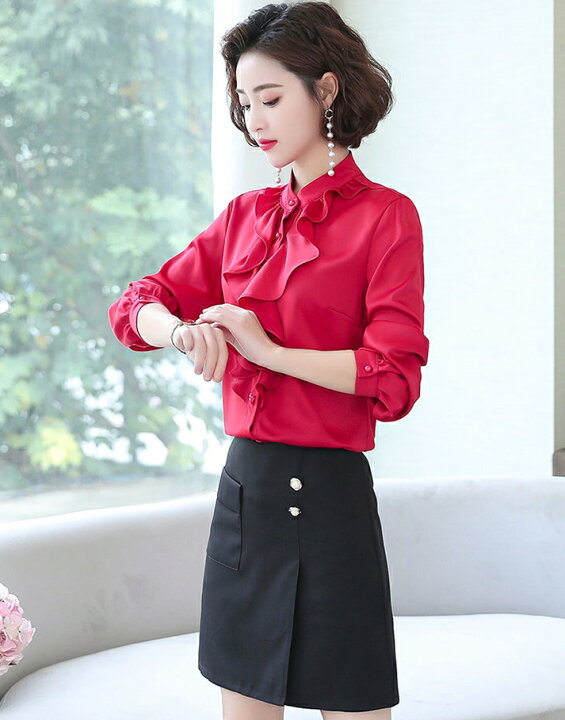 楽天市場 スタンドカラー フリル ブラウス シャツ レディース 長袖 トップス 大きいサイズ 3l 4l 5l 白 黒 赤 立ち襟 ハイネック フォーマル お呼ばれ 通勤服 オフィス 女性 代 30代 40代 きれいめ 上品 おしゃれ ｌｅａｐ