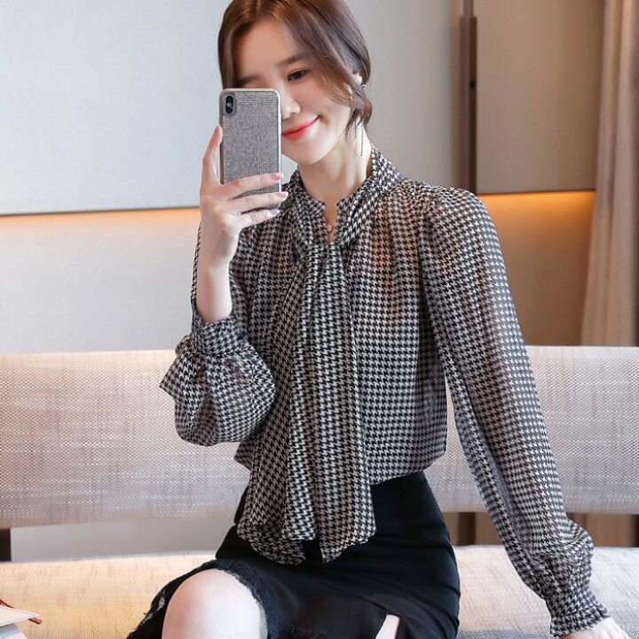 楽天市場 即納 千鳥格子柄 ボウタイブラウス レディース 長袖 トップス スタンドカラー フリル ブラウス シャツ 大きいサイズ 3l ボウタイ リボン 春 秋 オフィスカジュアル 通勤服 ブラウス 韓国 ファッション おしゃれ 大人可愛い きれいめ ｌｅａｐ