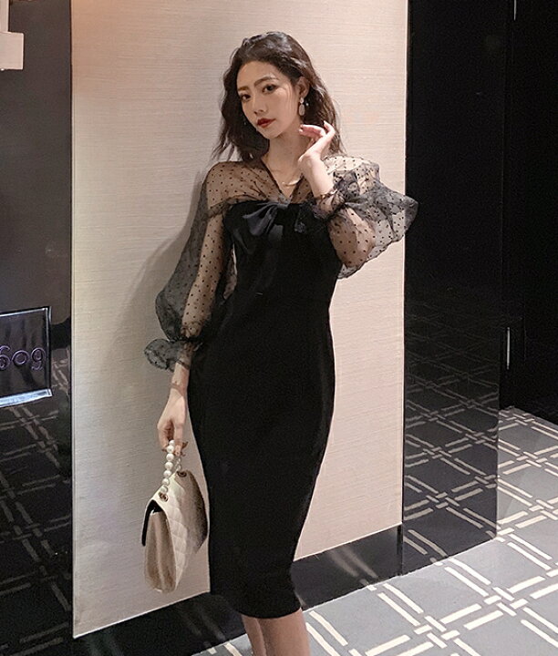 楽天市場 パーティードレス 結婚式 お呼ばれ ドレス 黒 袖あり シースルー 切り替えワンピース 長袖 リボン タイトワンピース 膝丈 Vネック スリット 背中あき キャンディスリーブ ドット柄 韓国 ファッション 肌見せ 透け感 セクシー ｌｅａｐ