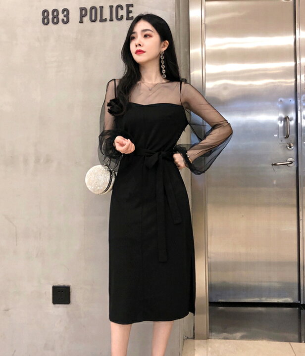 楽天市場 パーティードレス 結婚式 お呼ばれ ドレス 黒 袖あり 長袖 シースルー ワンピース 韓国 切り替え タイトワンピース 膝丈 ウエストリボン スリット バルーン袖 肌見せ 透け感 セクシー 代 30代 40代 ｌｅａｐ