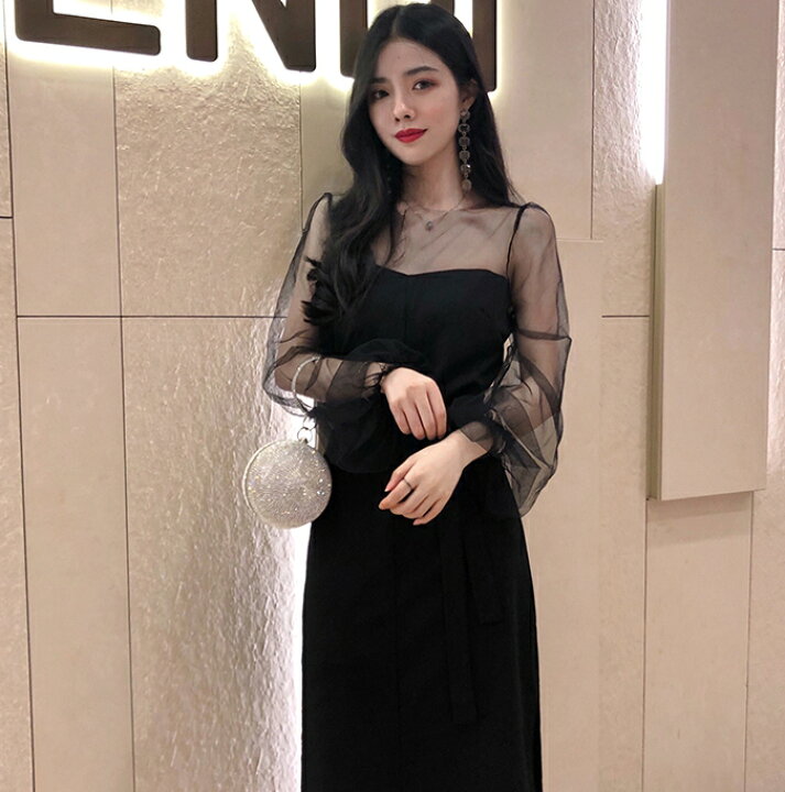 楽天市場 パーティードレス 結婚式 お呼ばれ ドレス 黒 袖あり 長袖 シースルー ワンピース 韓国 切り替え タイトワンピース 膝丈 ウエストリボン スリット バルーン袖 肌見せ 透け感 セクシー 代 30代 40代 ｌｅａｐ