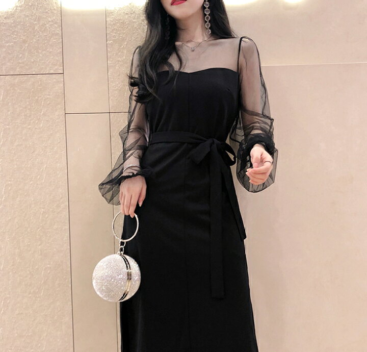 楽天市場 パーティードレス 結婚式 お呼ばれ ドレス 黒 袖あり 長袖 シースルー ワンピース 韓国 切り替え タイトワンピース 膝丈 ウエストリボン スリット バルーン袖 肌見せ 透け感 セクシー 代 30代 40代 ｌｅａｐ