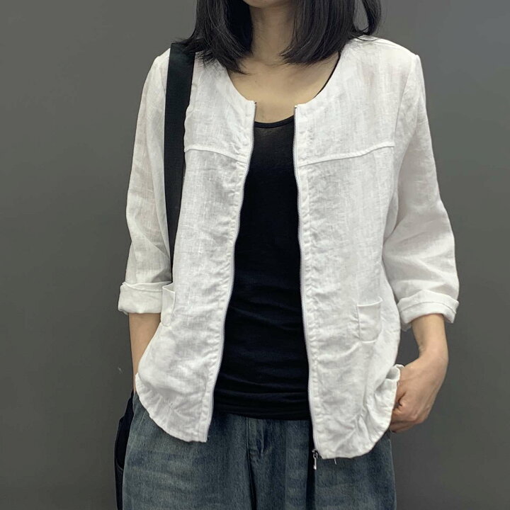 楽天市場 即納 ノーカラージャケット レディース ショート丈 ジャケット ライトアウター シャツジャケット 春夏 白 黒 羽織り 薄手 サマー ジャケット ジップアップ おしゃれ カジュアル シンプル ｌｅａｐ
