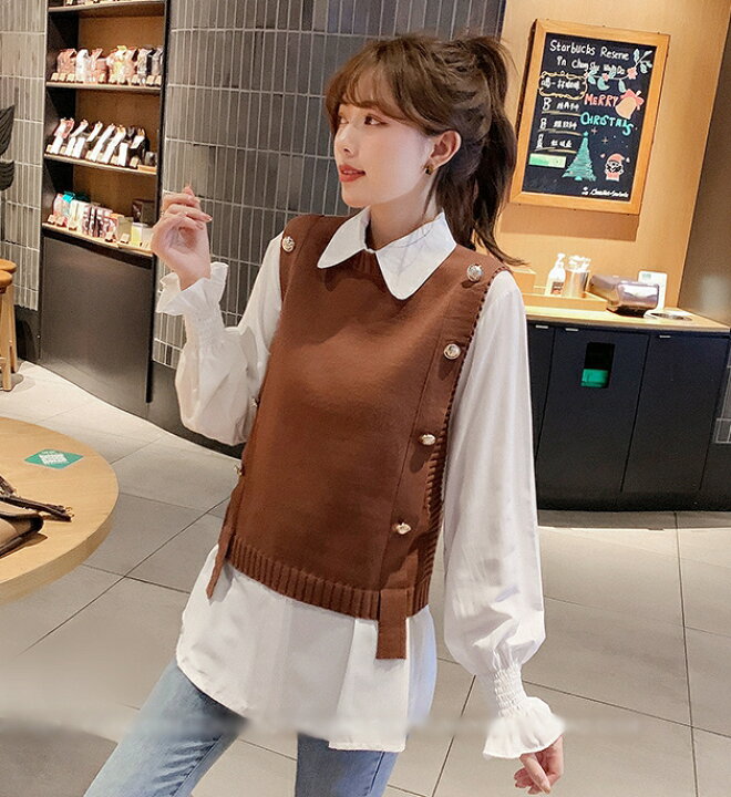 楽天市場 ニットベスト シャツ セット アンサンブル ニット 襟付き ブラウス レディース トップス 長袖 秋 冬 春 シンプル おしゃれ 黒 通勤服 オフィス カジュアル ｌｅａｐ