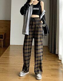 チェック パンツ ワイドパンツ レディース ウエストゴム ストレートパンツ カジュアル ゆったり 春 秋 大きいサイズ 3L 黒 チェック柄 ストリート系 韓国 ファッション