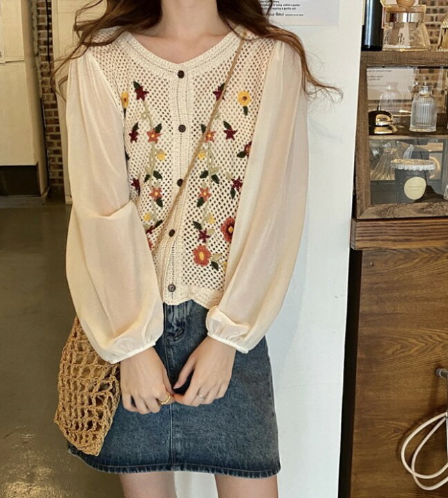楽天市場 花柄 カーディガン レディース 長袖 刺繍 トップス 春夏 秋 ショート丈 シースルー袖 ボリューム袖 袖切り替え カジュアル 白 可愛い メッシュ 羽織りもの 韓国 ファッション ｌｅａｐ