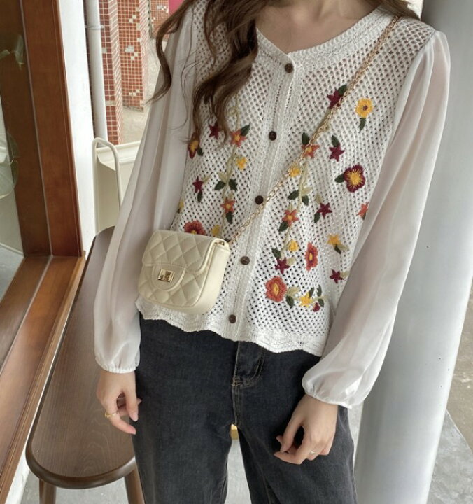 楽天市場 花柄 カーディガン レディース 長袖 刺繍 トップス 春夏 秋 ショート丈 シースルー袖 ボリューム袖 袖切り替え カジュアル 白 可愛い メッシュ 羽織りもの 韓国 ファッション ｌｅａｐ