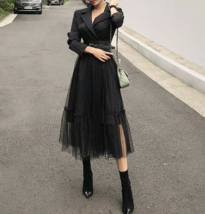 楽天市場 切り替えワンピース パーティードレス 結婚式 お呼ばれ ドレス チュール ミモレ カシュクール 黒 長袖 袖あり 大きいサイズ 韓国 ウエストマーク ベルト 個性的 モード系 代 30代 ｌｅａｐ