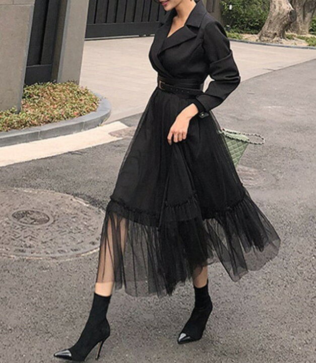 楽天市場 切り替えワンピース パーティードレス 結婚式 お呼ばれ ドレス チュール ミモレ カシュクール 黒 長袖 袖あり 大きいサイズ 韓国 ウエストマーク ベルト 個性的 モード系 代 30代 ｌｅａｐ
