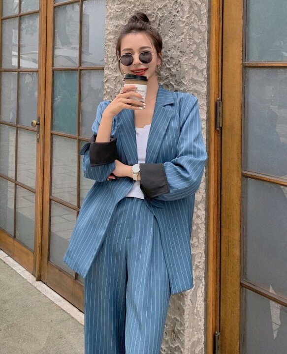 楽天市場 パンツスーツ セットアップ レディース おしゃれ カジュアル スーツ ストライプ ワイドパンツ オフィス 通勤服 大きいサイズ ゆったり 個性的 オフィスカジュアル オーバーサイズ ビッグシルエット アシンメトリー ｌｅａｐ