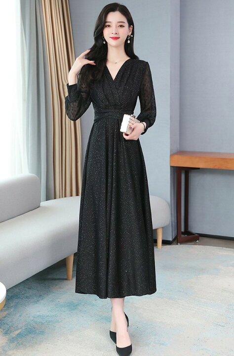 楽天市場 カシュクール パーティードレス ロング 結婚式 お呼ばれ ドレス 40代 30代 代 黒 ロングドレス 袖あり 大きいサイズ 3l 4l ウエストマーク ラメ リボン Vネック フレア Aライン ワンピース フォーマル 長袖 シースルー袖 ｌｅａｐ