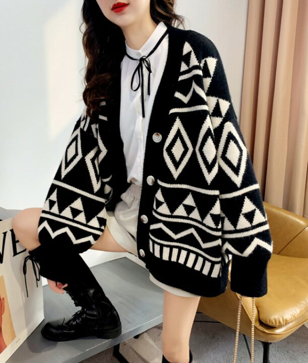 楽天市場】ニットカーディガン トップス レディース 秋冬 長袖 幾何学  