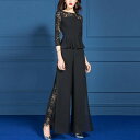 【一部即納】かっこいい パンツドレス セットアップ レディース パーティードレス パンツ 結婚式 服装 お呼ばれ ドレス 袖あり ペプラム トップス 七分袖 黒 大きいサイズ 3L 4L 韓国 ワイドパンツ レース 20代 30代 40代 50代 上品 きれいめ