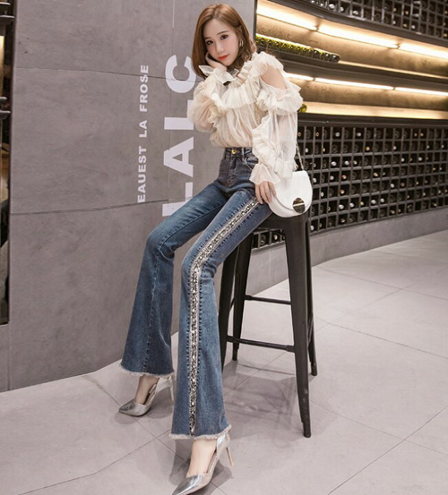 デニムパンツ レディース ボトムス フレア デニム パンツ ハイウエストフレアパンツ カジュアル ジーンズ ジーパン ブーツカットデニム カットオフデニム 切りっぱなし フェイクパール 大人可愛い 韓国 ファッション Leap デニム ジーンズ パンツ フレアパンツ ボトムス ウエスト64