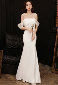 オフショルダー ウエディングドレス マーメイド ロングドレス 白 袖あり 結婚式 二次会 花嫁 ドレス タイト 大きいサイズ シンプル 3L 小さいサイズ 上品