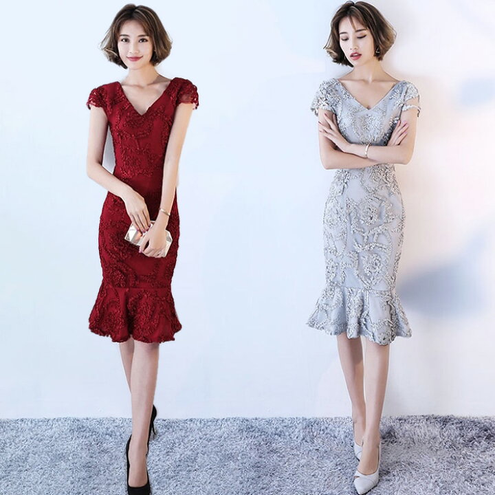 楽天市場 コード刺繍 マーメイド ドレス ワンピース 半袖 ミディ丈 Vネック フレンチスリーブ 大きいサイズ 2l 3l 小さいサイズ Xs 二次会 お呼ばれ 結婚式 パーティー 上品 パーティードレス 袖あり フォーマル 赤 膝丈 代 30代 40代 ｌｅａｐ