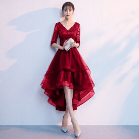 ドレス フィッシュテール 韓国 パーティードレス ワンピースドレス 袖あり 大きいサイズ 小さいサイズ aライン フレア お呼ばれドレス 結婚式 3L 4L セクシー エレガント vネック ウエストリボン ウエストマーク レース 20代 30代