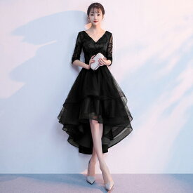 ドレス フィッシュテール 韓国 パーティードレス ワンピースドレス 袖あり 大きいサイズ 小さいサイズ aライン フレア お呼ばれドレス 結婚式 3L 4L セクシー エレガント vネック ウエストリボン ウエストマーク レース 20代 30代