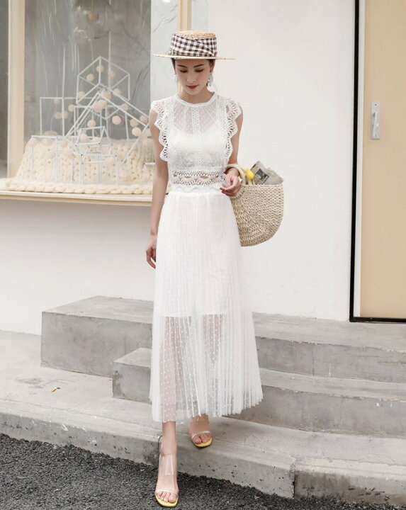 楽天市場 レース セットアップ レディース スカート ロング シースルー トップス 春服 夏 お呼ばれ ドレス 黒 白 ノースリーブ セクシー きれいめ パーティードレス 結婚式 サマードレス リゾート 代 30代 ｌｅａｐ