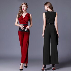 かっこいいパンツドレス パーティードレス パンツ 黒 赤 お呼ばれ 結婚式 ドレス パンツ 大きいサイズ 3L 4L ノースリーブ オールインワン ウエストマーク Vネック カシュクール 二次会 20代 30代 40代