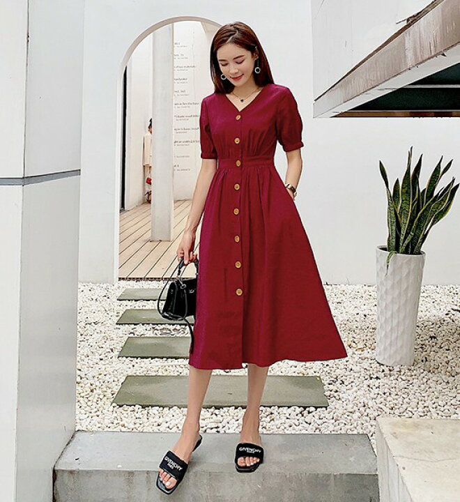 楽天市場 Vネック ワンピース ミモレ丈 フロントボタン 黒 赤 ワンピース レディース 春服 夏 大きいサイズ 3l ハイウエスト ウエストマーク カジュアル きれいめ デート服 代 30代 40代 ｌｅａｐ
