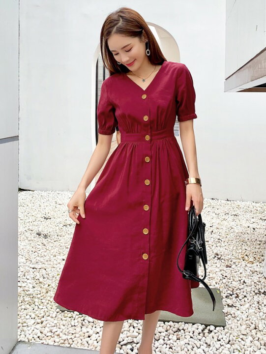 楽天市場 Vネック ワンピース ミモレ丈 フロントボタン 黒 赤 ワンピース レディース 春服 夏 大きいサイズ 3l ハイウエスト ウエストマーク カジュアル きれいめ デート服 代 30代 40代 ｌｅａｐ