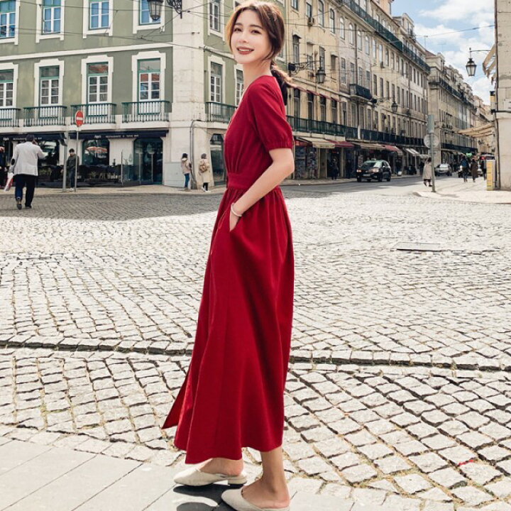 楽天市場 Vネック ワンピース ロングワンピース フロントボタン 赤 ワンピース レディース 春服 夏 大きいサイズ 袖あり 半袖 パフスリーブ ハイウエスト ウエストマーク カジュアル きれいめ デート服 代 30代 40代 ｌｅａｐ