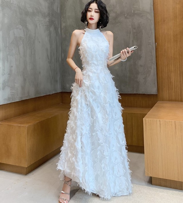 ウエディングドレス 白 ロングドレス スレンダー 結婚式 花嫁 二次会 ドレス 大きいサイズ 3L 4L 小さいサイズ ノースリーブ ホルターネック  フェザー 上品 シンプル | パーティードレス通販Leap